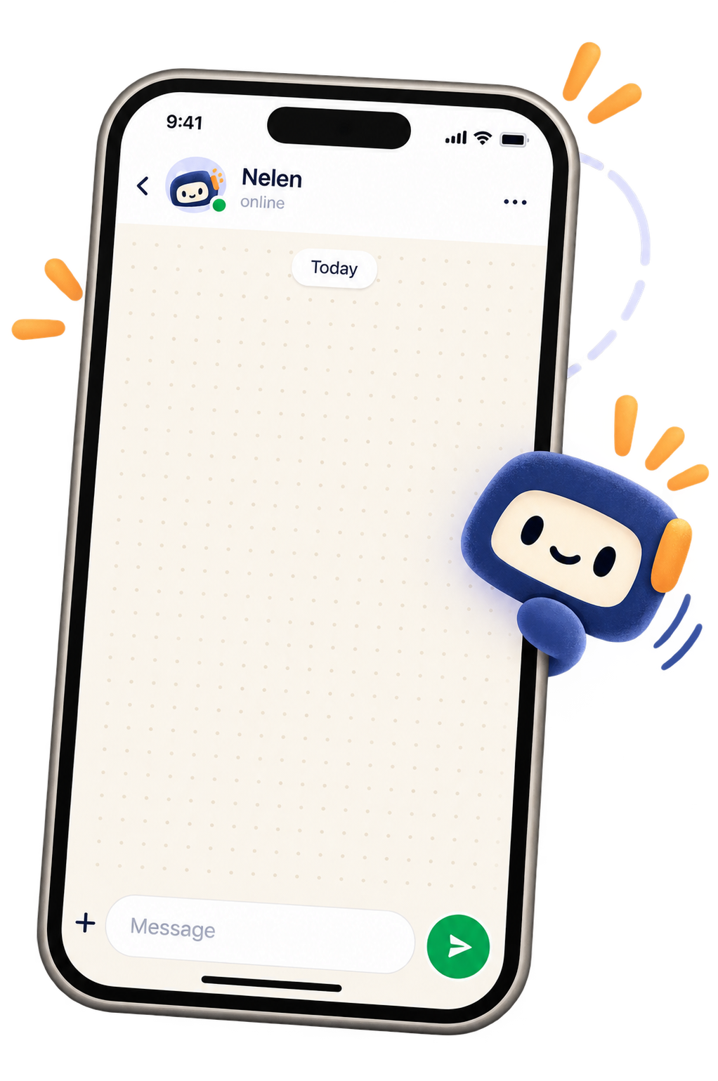 Nelen peeking around a phone, ready to help with your business