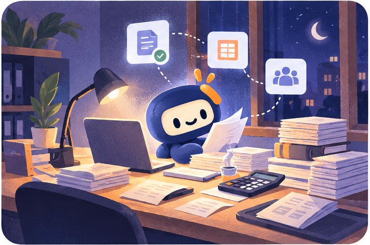 Nelen organizing business records and paperwork in a night office